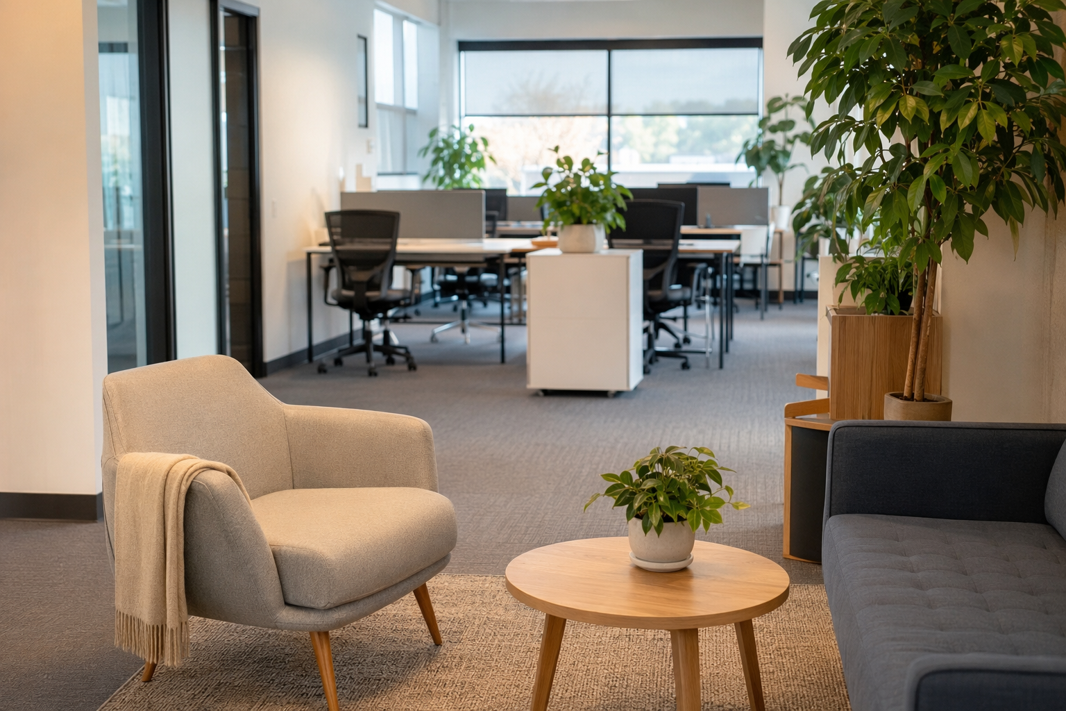 AI-generated example of a quiet modern office lounge