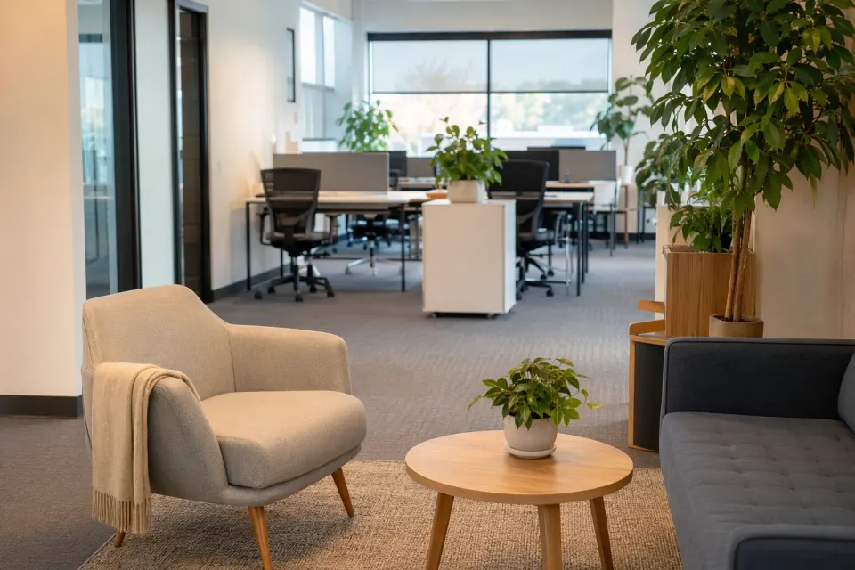 Illustrative example of a quiet modern office lounge